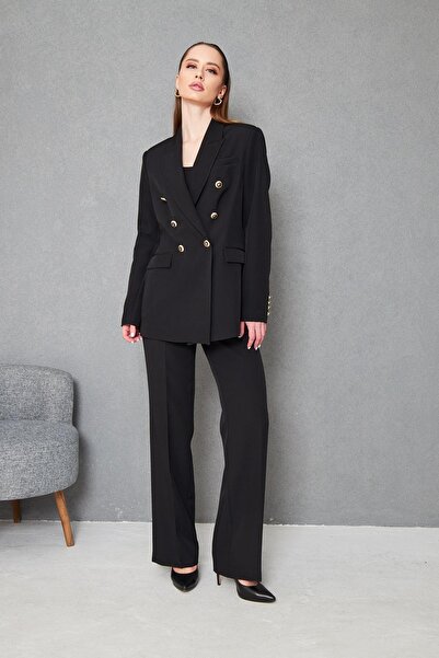 SheBoss Gold 6 Düğmeli Kruvaze Takım Siyah