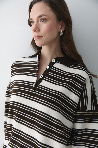 Laluvia Dark Brown - Cream Two-Tone Striped Sweater - 251140