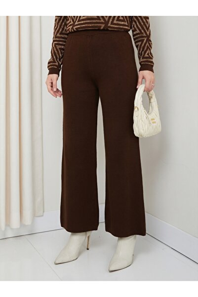 FATELLA بنطلون نسائي بني واسع الساق من التريكو - نسيج ناعم، قصة مريحة وأنيقة