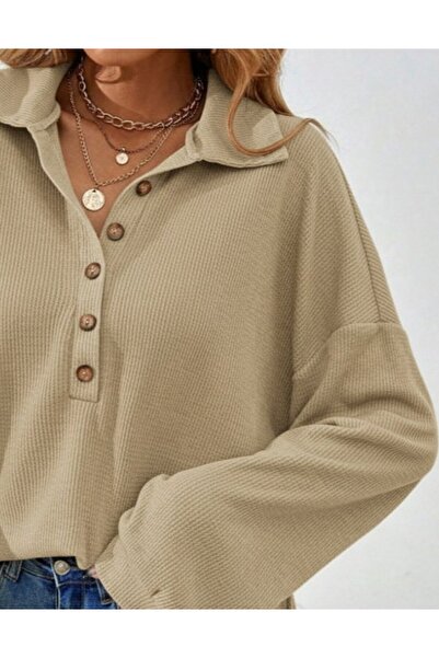 JANES Women's Long Sleeve Collared Buttoned Loose Waffle Blouse