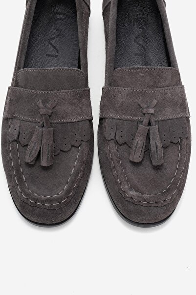 LuviShoes Lupen Grey Suede Tasseled Genuine Leather Women's Loafer Shoes
