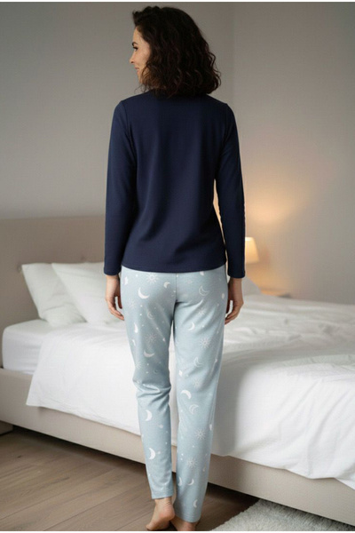 Siyah İnci Blue Moon Patterned Cotton Knit Pajama Set 7974