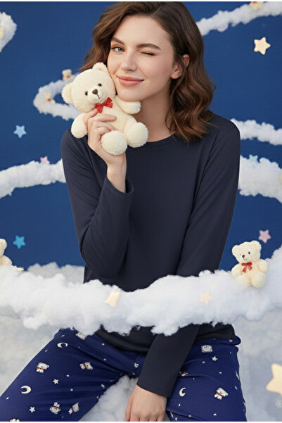 Siyah İnci Navy Blue Dog Patterned Cotton Knitted Pajama Set 7974