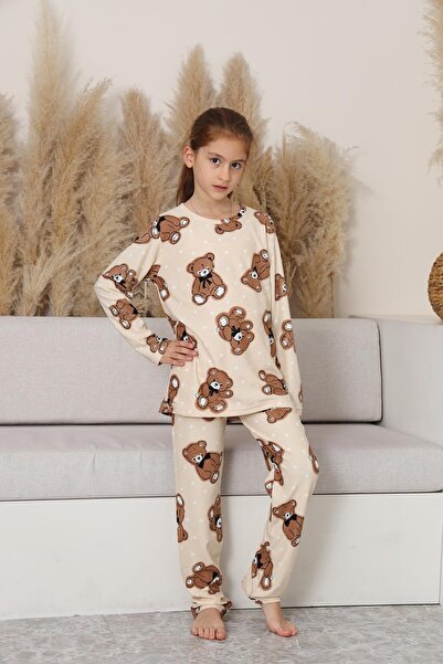 Kompedan Kız Çocuk Süet Bej Ayıcık Pijama Takım | 141