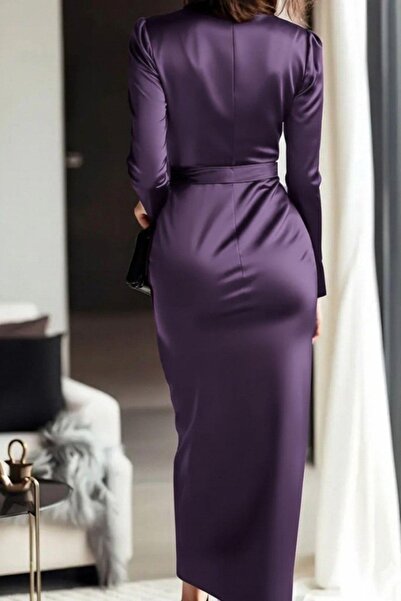 Mossta Double-Breasted Long Satin Dress with Neckline Belt - Purple
