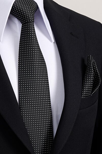 Esgue 8 cm Classic Wide Hand Made Black - White Dot Pattern Handkerchief Tie