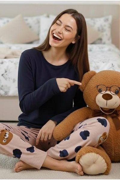Siyah İnci Salmon Coffee Teddy Bear Patterned Cotton Knitted Pajama Set 7974