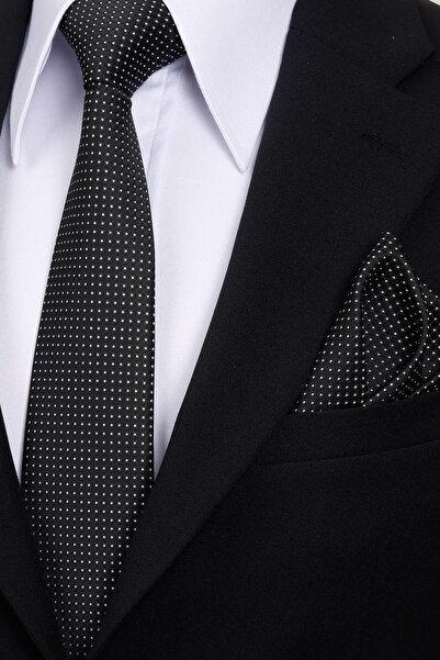 Esgue 8 cm Classic Wide Hand Made Black - White Dot Pattern Handkerchief Tie