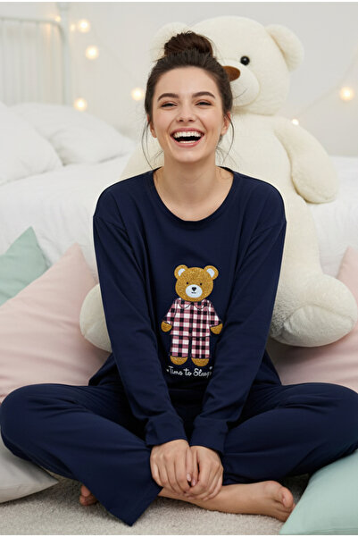 Siyah İnci Dark Blue Teddy Bear B Printed Knitted Pajama Set 7968