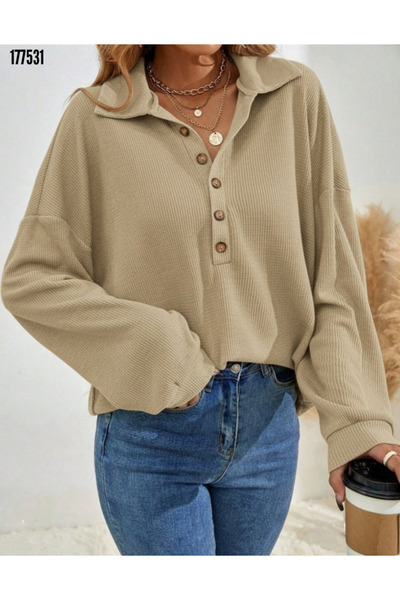 Modayakamoz Yeni Sezon Modern Salaş Waffle Bluz Kadın Uzun Kollu Düğmeli