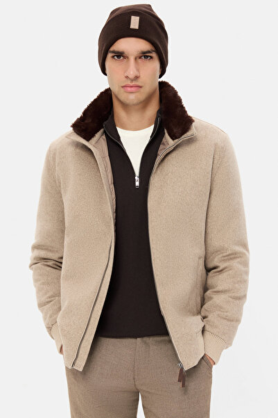 D'S Damat Ds Damat Regular Fit Beige Straight Collar Detachable Fur Coat
