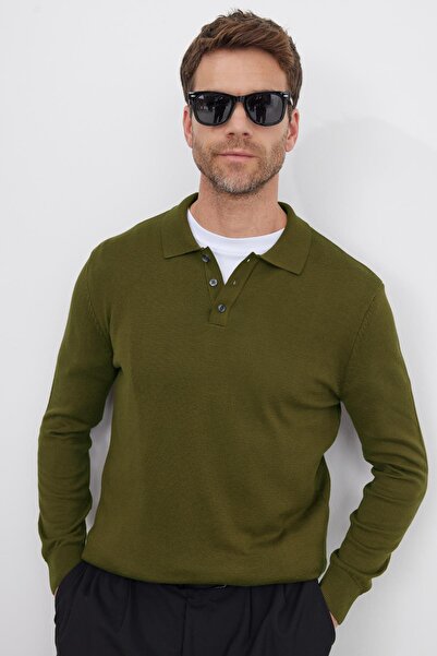 Tudors Men's Standard Fit Regular Cut Cotton Polo Neck Khaki Sweater