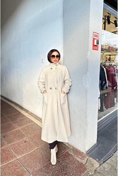 Minel Women's Beige Long Buttoned Coat 01