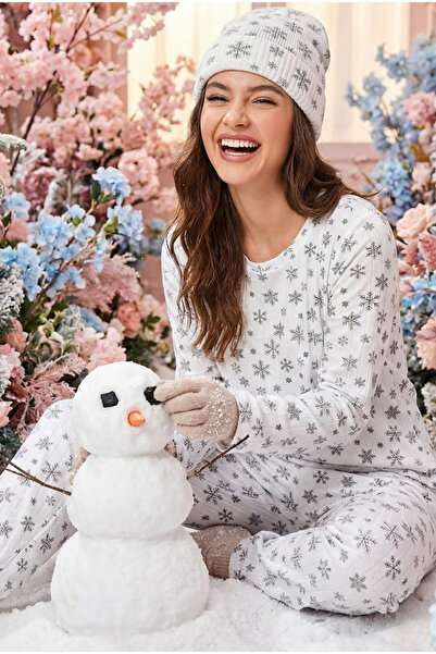 Siyah İnci White Snowflake Pattern Soft Tuşe Winter Corded Fabric Cotton Knitted Pajama Set 7956