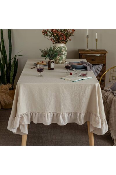 genernic GLORY SEASON Ruffled Rustic Classic Cotton Washable Rectangular Tablecloth, White 60''x102''