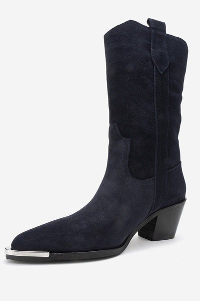 LuviShoes Alvi Navy Blue Suede Genuine Leather Metal Detailed Women's Western Boots