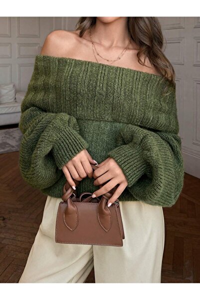 Puella Kzk0015 Women's Khaki Bardot-Boat Neck Balloon Sleeve Soft Textured Off-Shoulder Knitwear Sweater