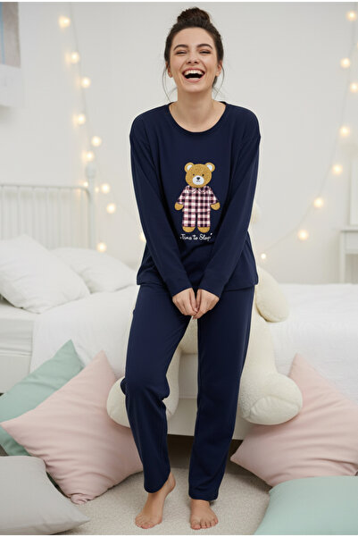 Siyah İnci Dark Blue Teddy Bear B Printed Knitted Pajama Set 7968