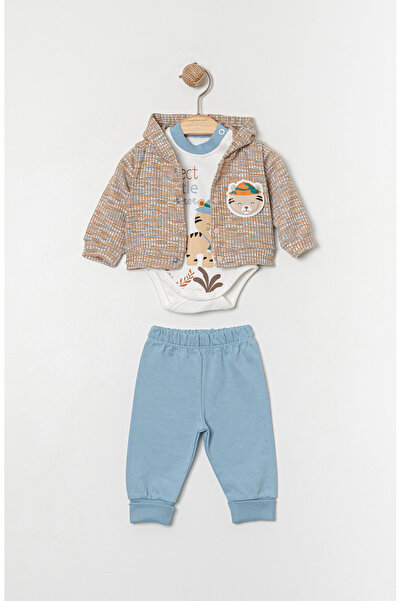 Yumilio Organic Cotton Little Explorer Kaplan Printed Hooded Cardigan Bodysuit and Pants 3-Piece Baby Boy Set