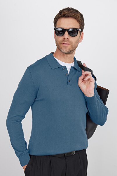 Tudors Men's Standard Fit Regular Cut Cotton Polo Neck Indigo Sweater