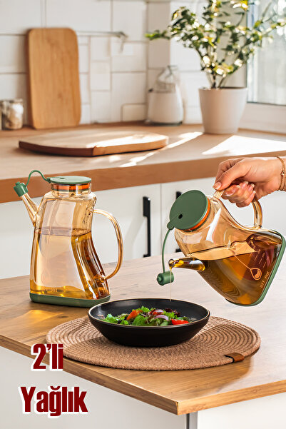 Porsima 3855 Transparent Borosilicate Glass Olive Oil Bottle - Set of 2 Oil and Vinegar Bottles Green 1Lt