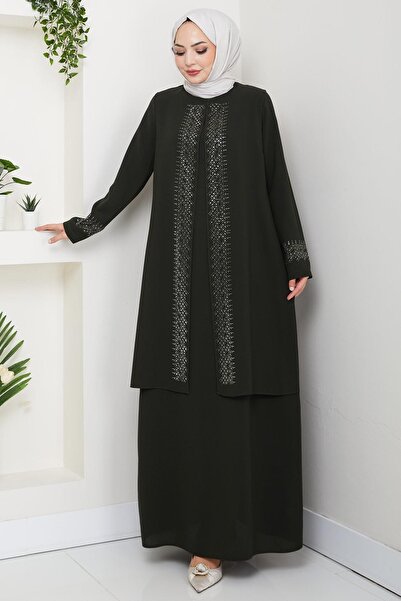 hafsamina Shiny Stone Plus Size Mother Dress Khaki Hm2856