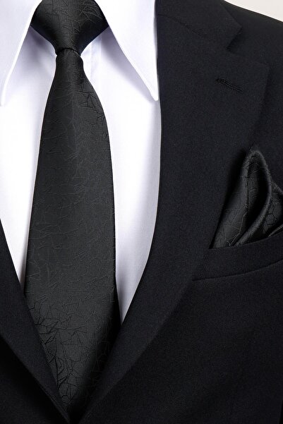 Esgue 8 cm Classic Wide Hand Made Black Patterned Handkerchief Tie