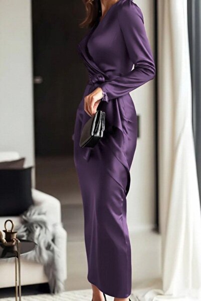 Mossta Double-Breasted Long Satin Dress with Neckline Belt - Purple