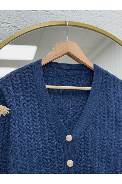 MİHRA STORE Lametta Gold Buttoned Knit Pattern Knitwear Cardigan-Sy478 Navy Blue