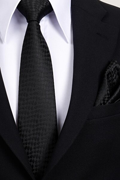 Esgue 8 cm Classic Wide Hand Made Black Shadow Patterned Handkerchief Tie