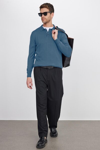 Tudors Men's Standard Fit Regular Cut Cotton Polo Neck Indigo Sweater