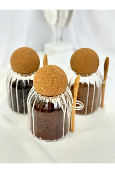 aden glass Mantar Kapak Kaşıklı Bakliyat Kavanozu Çok Amaçlı 3lü Set 9*10Cm