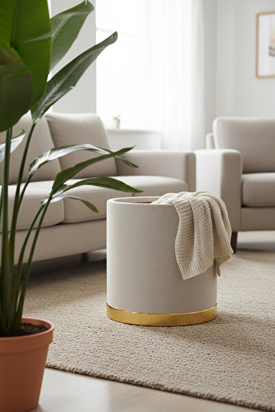 MEFAKS TEKSTİL Silindir Sandıklı Krem Dekoratif Gold Tabanlı Modern Puf