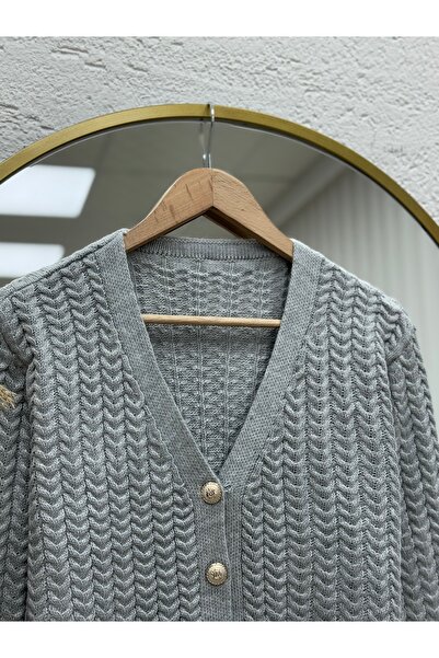 MİHRA STORE Lametta Gold Buttoned Knit Pattern Knitwear Cardigan-Sy478 Gray
