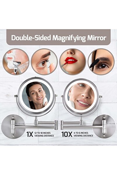 OVENTE Wall-Mount Makeup Mirror 1x/10x Dual-Sided LED Polished Nickel MFW70BR1X10X