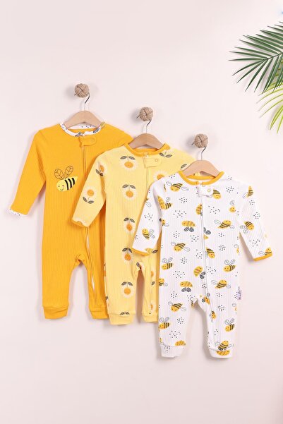 kidello Yellow Unisex Baby Boy Baby Girl 100% Cotton Zippered 3-Piece Bee Patterned Cuffed Romper Set (9 Months