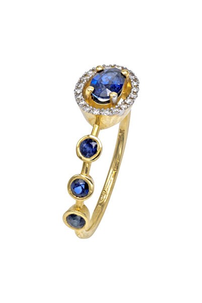 Gold 14K Ring with Diamonds and Blue Sapphires