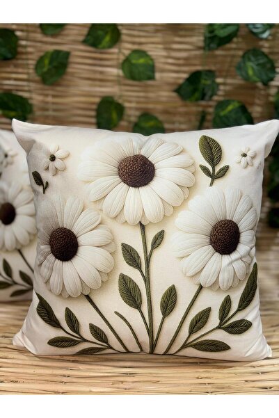 Ekodoğa 3D Dijital Baskı 2'Li Büyük Yapraklı Papatya Desenli Kırlent Kılıfı