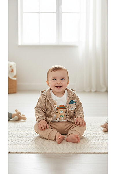 Yumilio Organic Cotton Little Explorer Kaplan Printed Hooded Cardigan Bodysuit and Pants 3-Piece Baby Boy Set