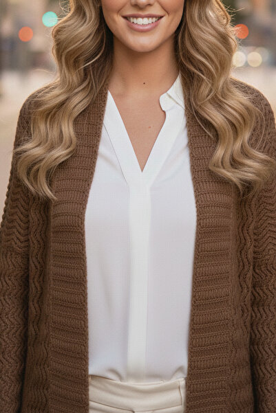 benguen Ζιγκ-ζαγκ μοτίβο μακρύ πλεκτό ζακέτα R4470 βιζόν