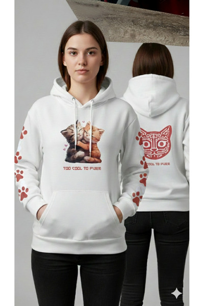 R&M Brotherhood 3-Yarn Brushed Hoodie with Cat and Cat Paw Print Oversized Sweatshirt