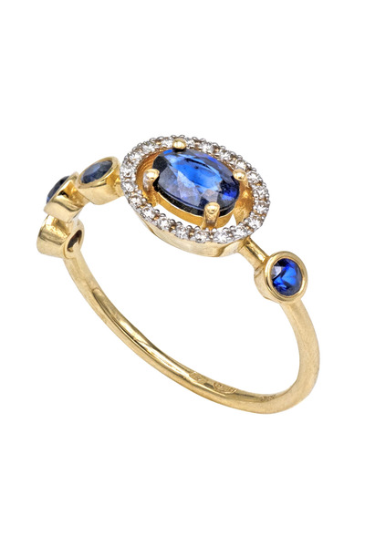 Gold 14K Ring with Diamonds and Blue Sapphires