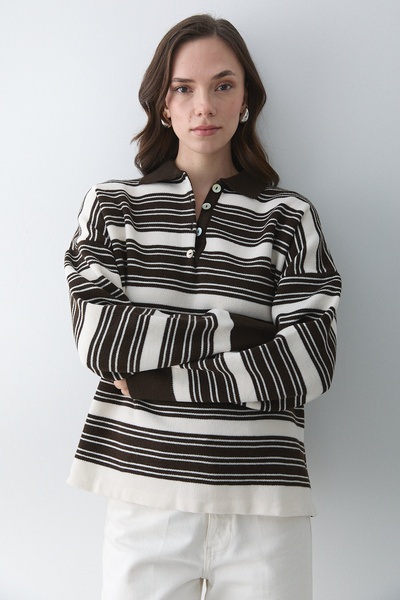 Laluvia Dark Brown - Cream Two-Tone Striped Sweater - 251140