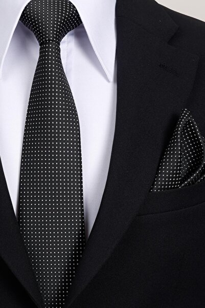 Esgue 8 cm Classic Wide Hand Made Black - White Dot Pattern Handkerchief Tie