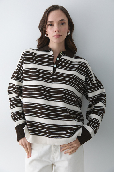 Laluvia Dark Brown - Cream Two-Tone Striped Sweater - 251140