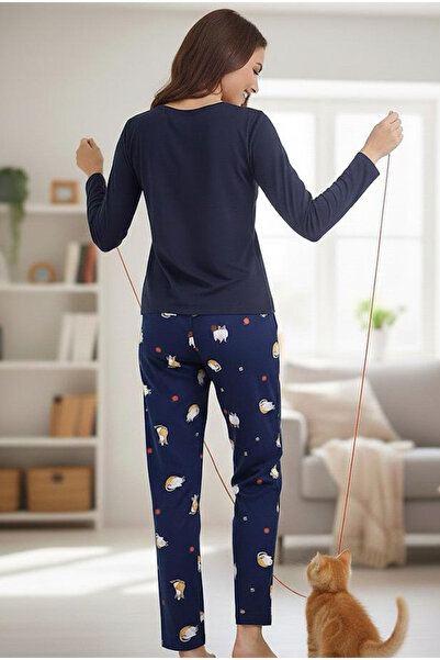 Siyah İnci Navy Blue Cat Patterned Cotton Knitted Pajama Set 7974
