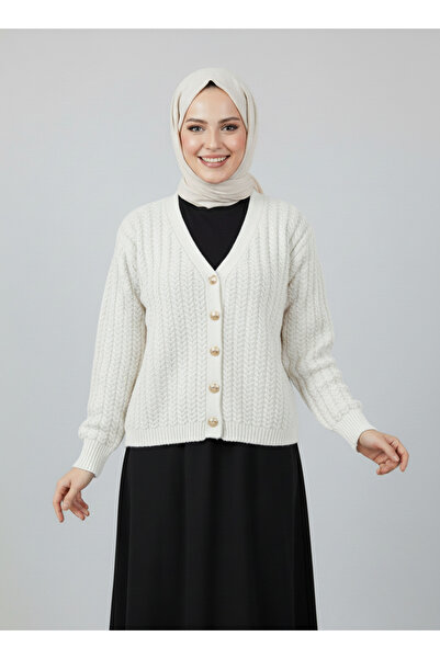 MİHRA STORE Lametta Gold Buttoned Knitted Pattern Knitwear Cardigan-Sy478 White