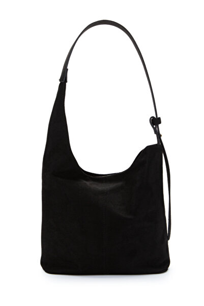 minebag Suede Curved Detailed Mona Shoulder Bag Black