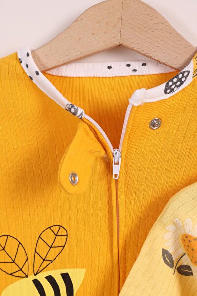 kidello Yellow Unisex Baby Boy Baby Girl 100% Cotton Zippered 3-Piece Bee Patterned Cuffed Romper Set (9 Months