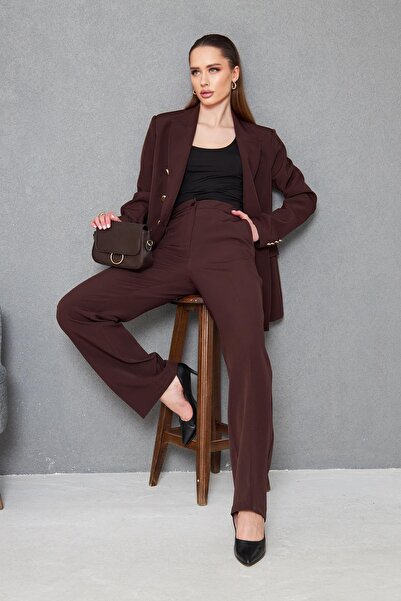 SheBoss Gold 6 Düğmeli Kruvaze Takım Kahve